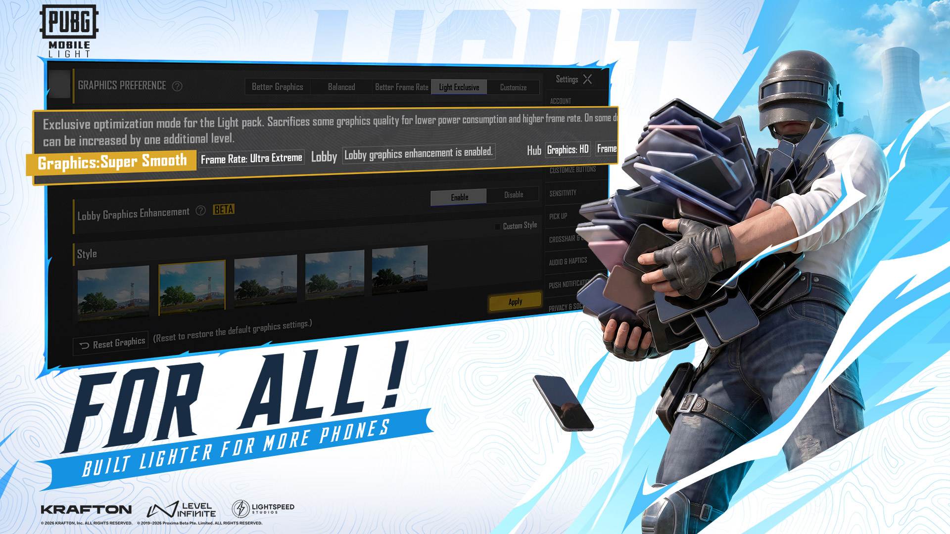 Es una imagen promocional del juego PUBG MOBILE LIGHT, donde se muestra que el jego se podrá configurar para hacerlo funcionar en cualquier celular.
